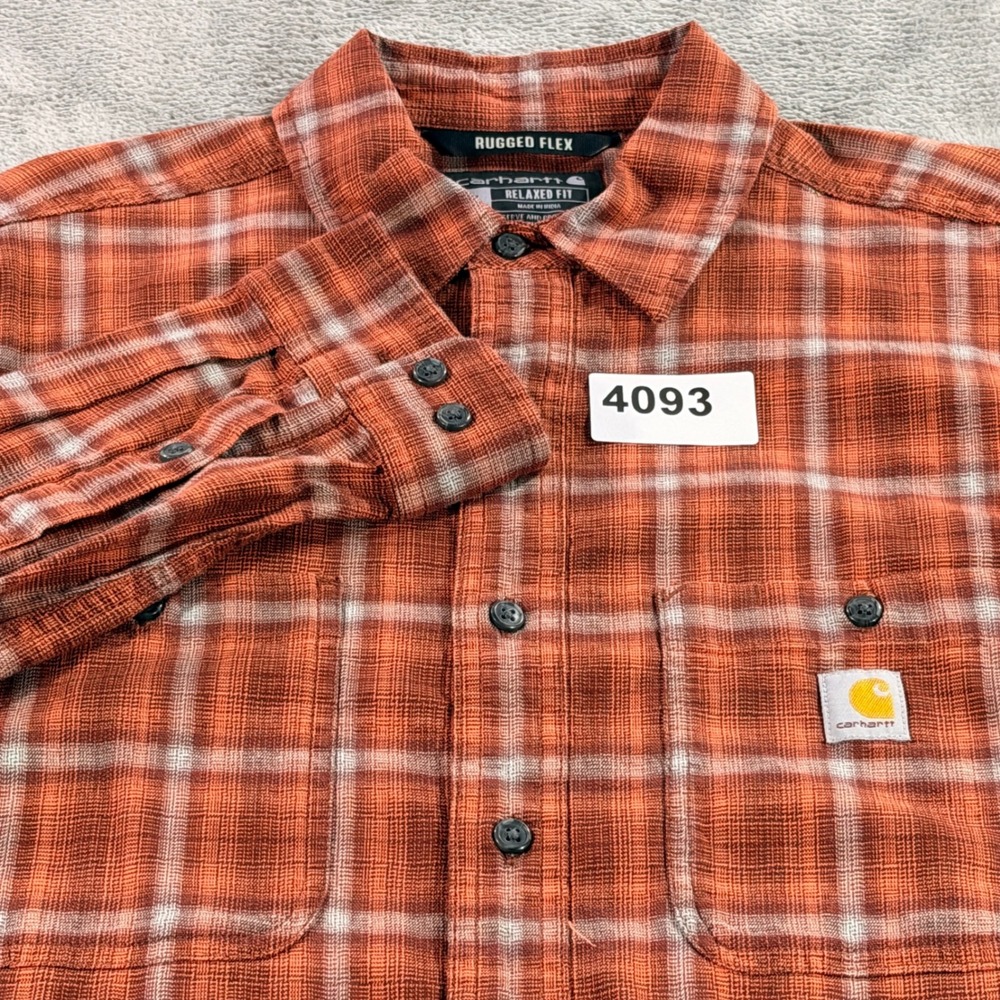 Carhartt Shirt Men Med Orange Plaid Rugged Flex Relaxed Fit Flannel Button Down